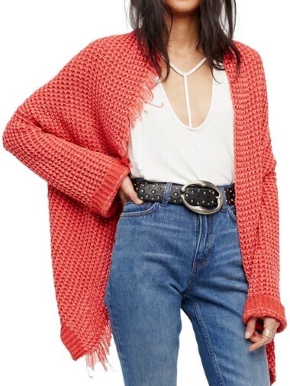 FREE PEOPLE Sz M I’LL BE AROUND CARDI FRINGE ASYMMETRICAL CARDIGAN OPEN FRONT